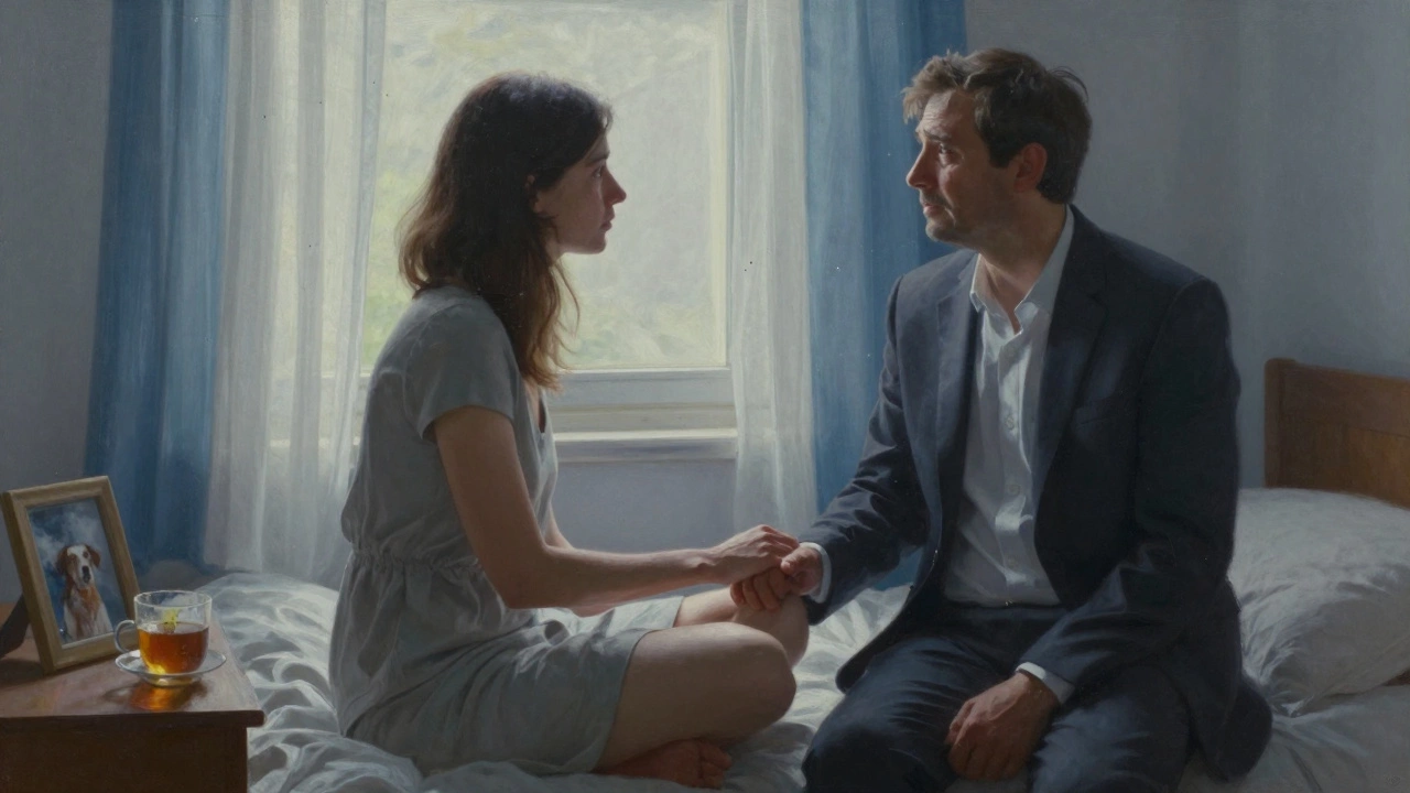 A man weeps quietly as a woman holds his hand on a bed, morning light filtering through curtains.